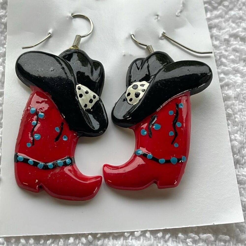 Cowboy boots hats dangle resin earrings hand painted.